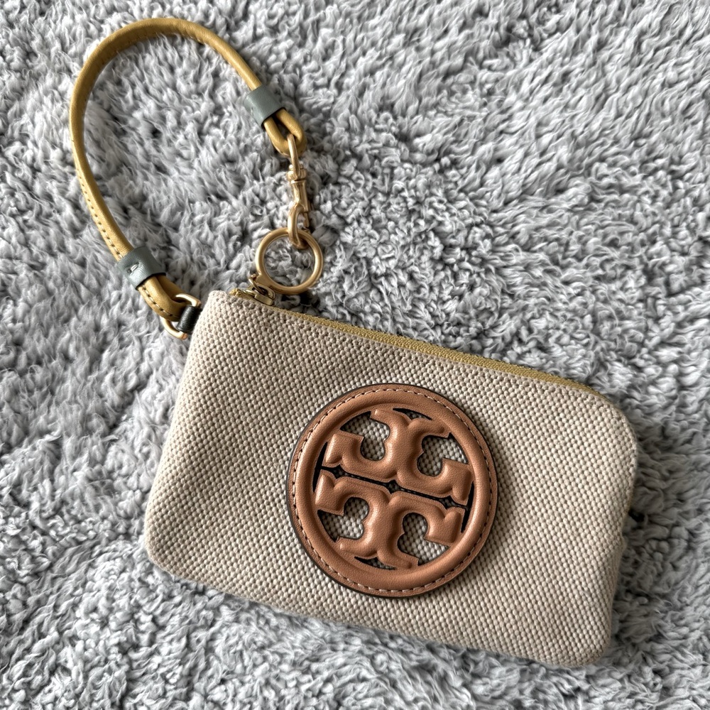 Tory Burch Tan and Brown Wristlet with Yellow Strap